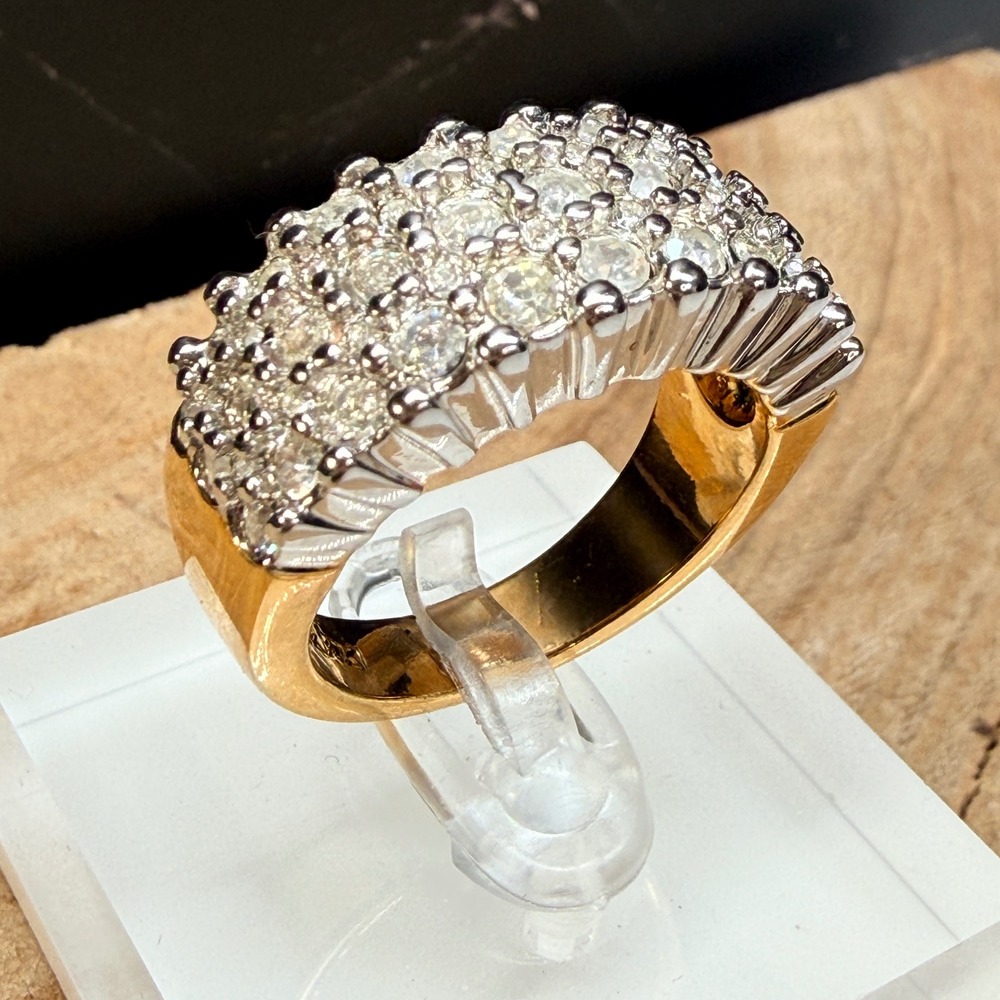 Gold Tone Pave Cluster Cocktail Ring Two Tone Clear Stone Band Size 10.25